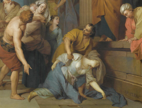 A painting depicts a pale woman who has collapsed as a man holds her arm and other individuals crowd around her, looking on.