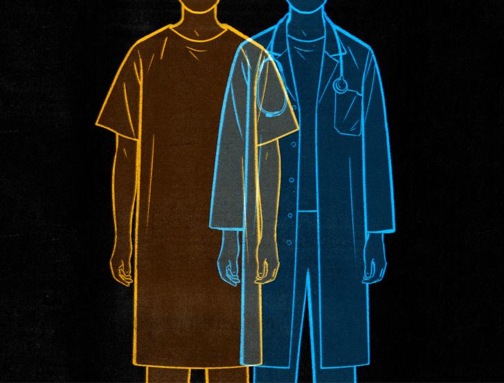 A sketch of a doctor, in blue, and patient, in yellow, standing next to each other against a black background. The illustrations are overlapping slightly.