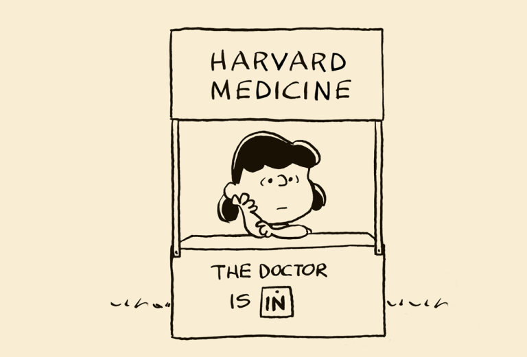 Lucy, from the comic strip Peanuts, is standing under a booth that reads "Harvard Medicine, the doctor is in"