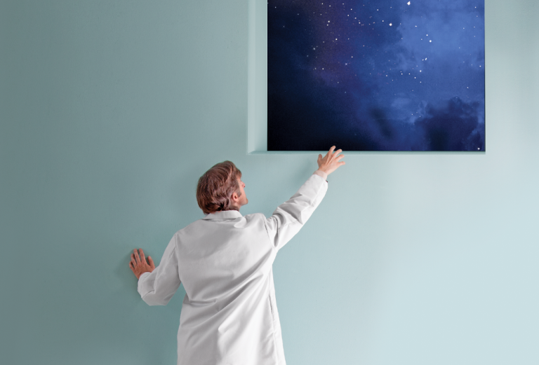 Doctor reaching out towards a window filled with stars