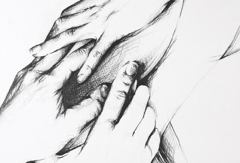 black and white sketch of hands intertwining 