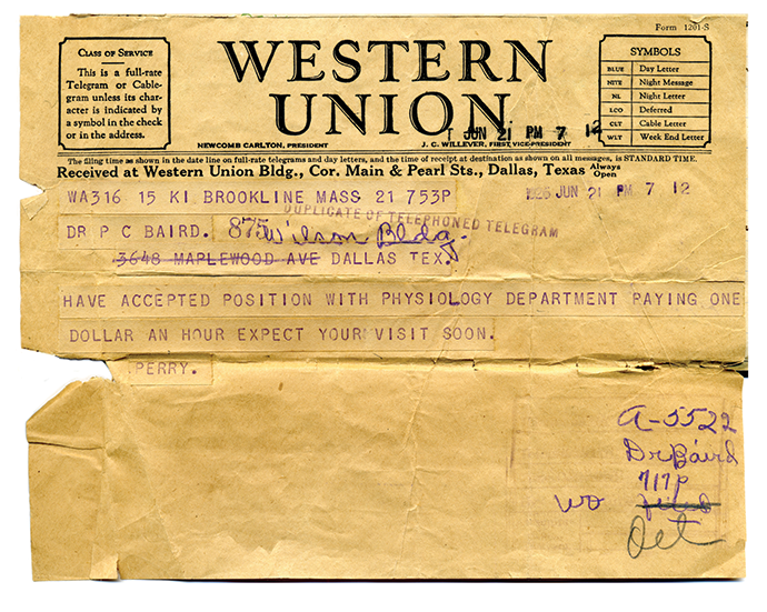 Yellowed, torn, Western Union telegram, 1926, in which Baird tells his father of his job in HMS pathology lab