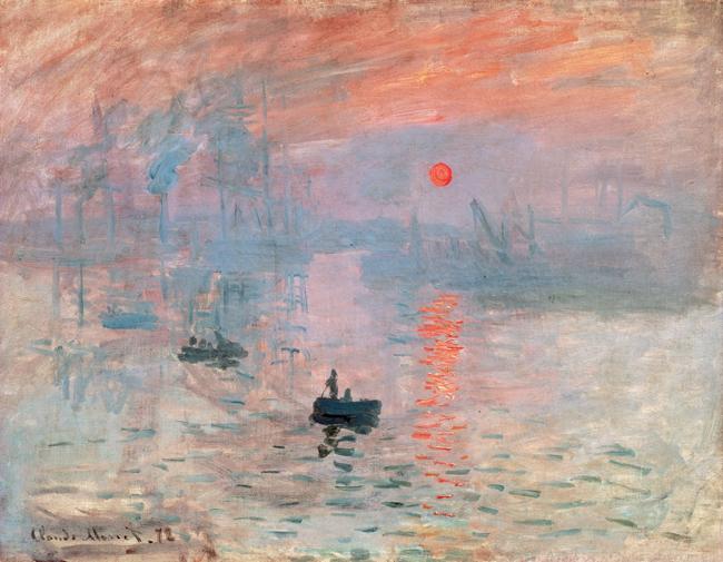a painting by Claude Monet, titled Impression Sunrise, showing two small boats on a body of water with a red sun on the horizon