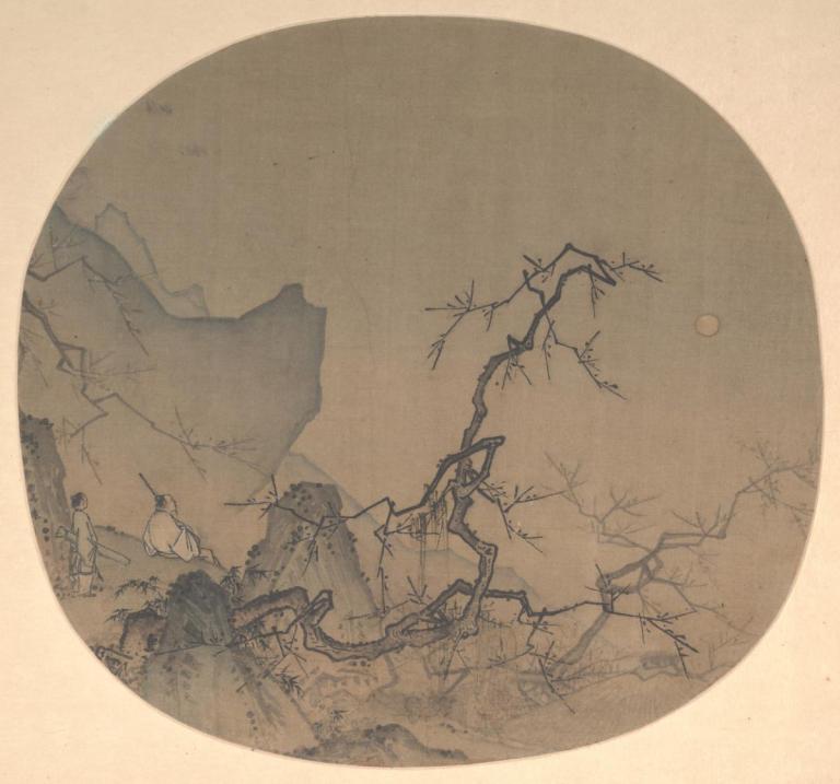 silk fan with a science depicting plum blossoms rendered in ink and color. Title of the work is Viewing Plum Blossoms by Moonlight and date from the Southern Song dynasty (1127-1279)