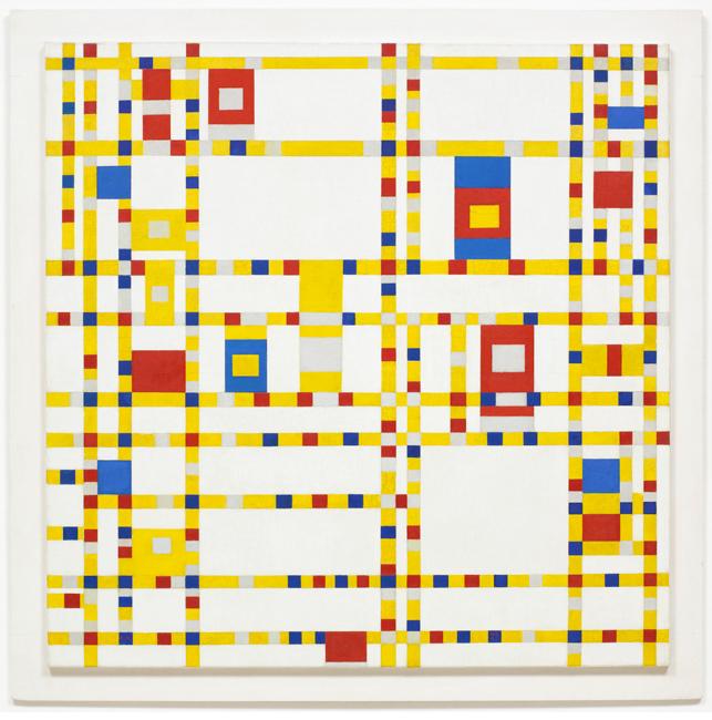 painting by Piet Mondrian called Broadway Boogie Woogie. It features a grid-like design the lines of which as studded with squares of red or blue punctuated by rectangles of yellow. The overall impression is of a map of city streets