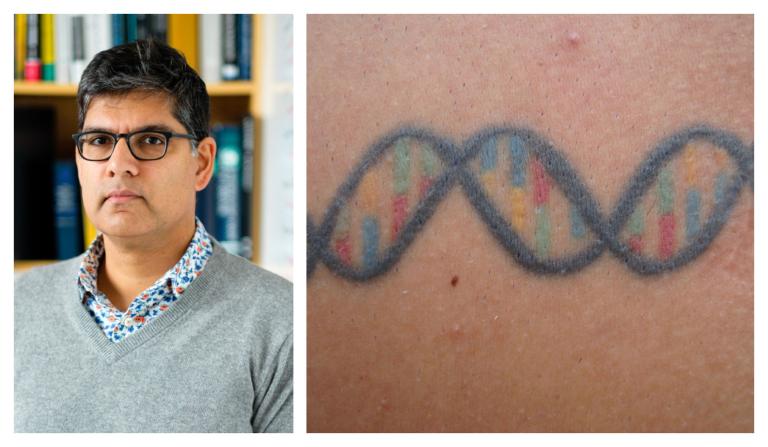 Photo caption of Sandeep Robert Datta's tattoo of a DNA double helix that spells his wife's initials