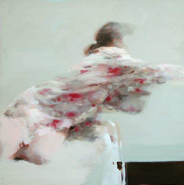 blurry paiting of a woman in a pink flower kimono reaching from a bed