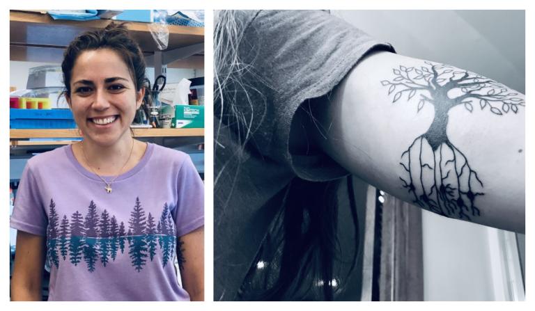 Photo collage of Valentina Lagomarsino and her tattoo of the tree of life
