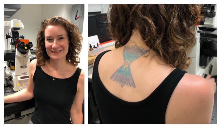 Photo collage of Jennifer Waters and her tattoo depicting point spread function in blues and purples