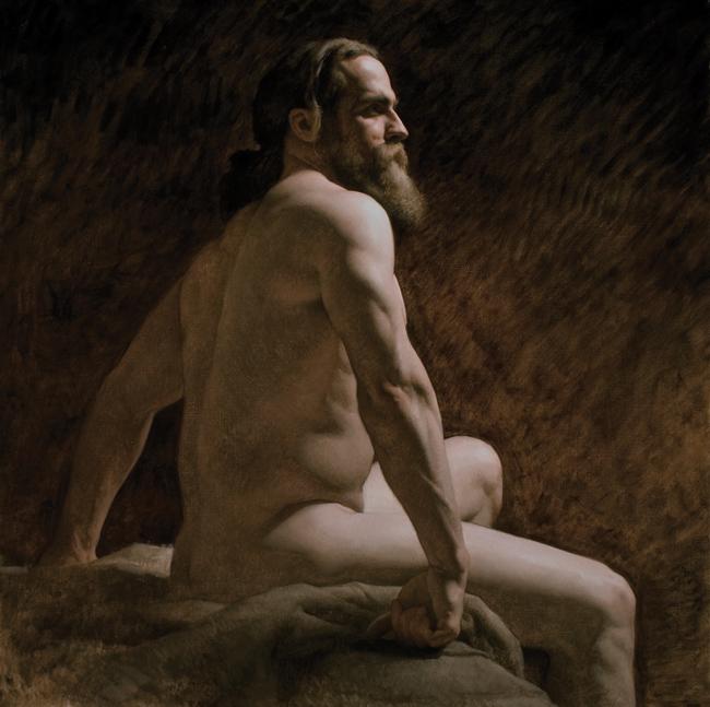 realist painging of a nude man with a big beard from behind