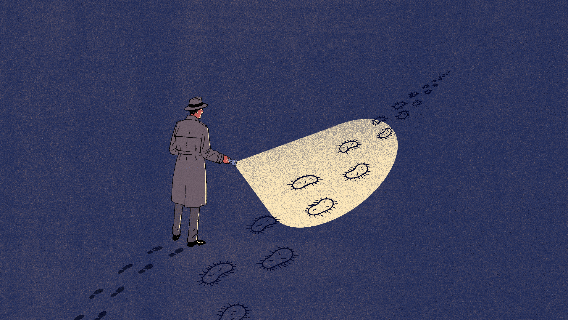 An illustration of a man in a detective suit and hat shining a flashlight onto the ground, illuminating what looks like footprints but are actually sketches of bacteria