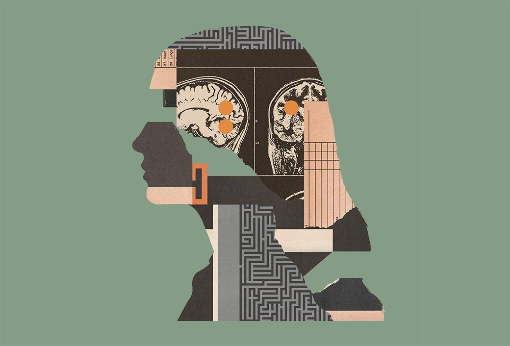 A collage of images that together create the silhouette of a woman's face
