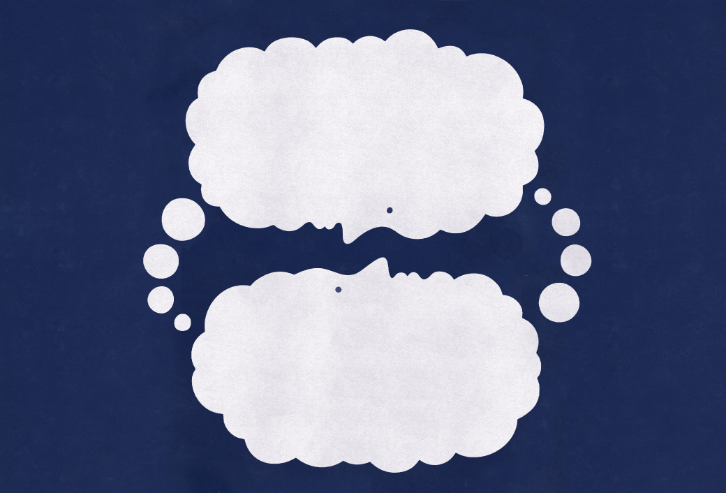 An illustration of two thought bubbles facing one another