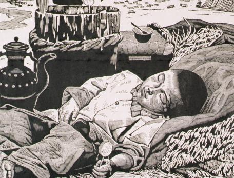 woodcut of a small boy sleeping outdoors in a rural setting