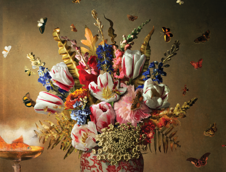 artwork by Maggie Taylor featuring a vase of flowers with butterflies flying around it