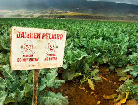 farm field with caution sign indicating pesticide use