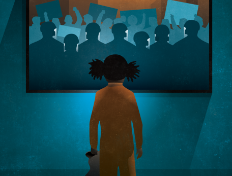 llustration of a young Black girl, holding a teddy bear, watching televised scenes of police and protesters confronting each other 