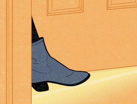 illustration of woman's boot stepping through a partially open door