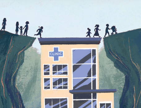 illustration of a community clinic providing a bridge for people 