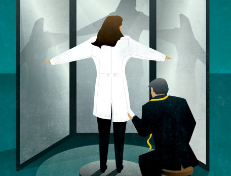illustration of a young woman standing on a small raided platform in front of a three-panel mirror while a tailor marks the adjustment needed to the hem of her white coat 