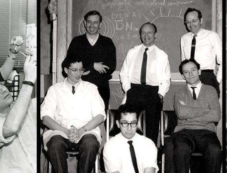 The six founders of neurobiology at HMS (center image: clockwise from left, standing): Edwin Furshpan, Stephen Kuffler, David Hubel, Torsten Wiesel, Edward Kravitz, and David Potter