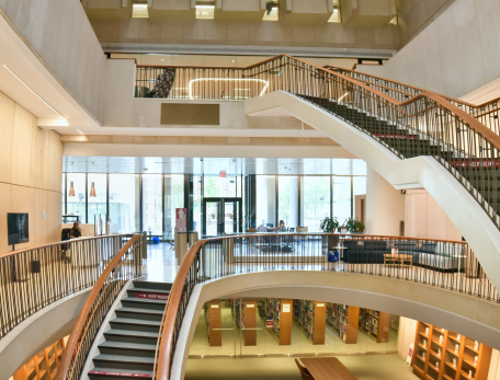 architectural shot of the entry and stairs in the newly renovated Countway Library of Medicine