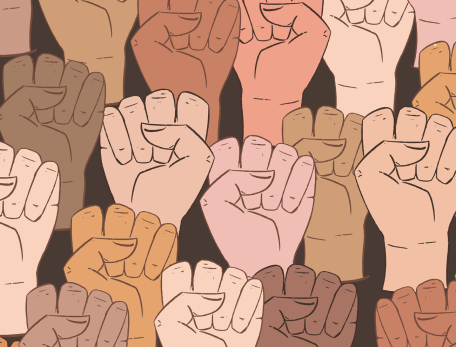 collection of ethnically diverse raised fists 