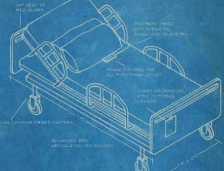 white drawing of a hospital bed on a blue background
