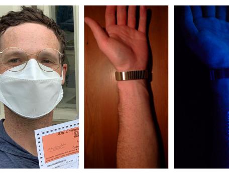 Photo collage of Ben Ewen-Campen and his glow-in-the-dark tattoo of DNA fragments