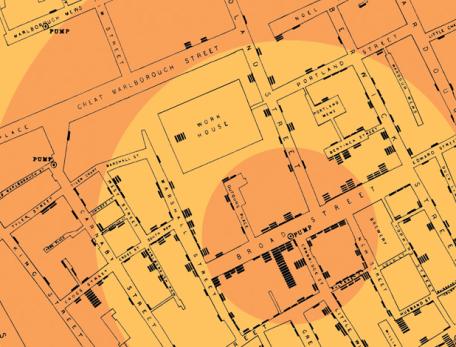 John Snow's 1854 map depicting cholera cases in London that year.