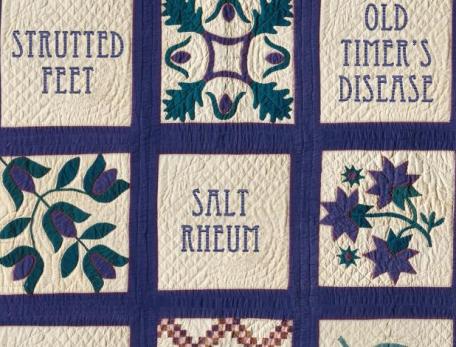 a blue and white quilt with medical images in a grid