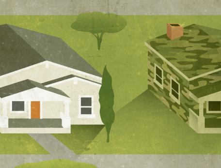 Arial view illustration of neighboring houses, one in camoflauge.