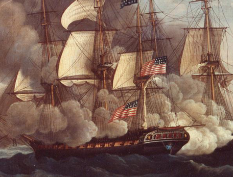 painting of two ships battling at sea