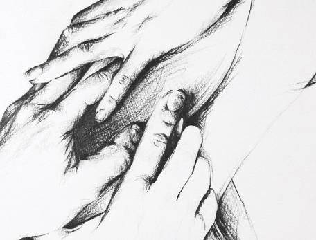 black and white sketch of hands intertwining 