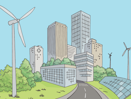 An illustration of a road into a city with a hospital building, windmills, and solar panels