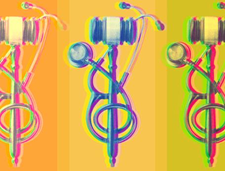 A colorful graphic shows a gavel entwined with a stethoscope.