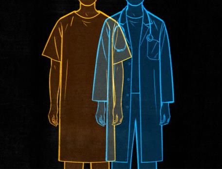 A sketch of a doctor, in blue, and patient, in yellow, standing next to each other against a black background. The illustrations are overlapping slightly.