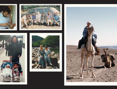 A collage of vintage photos of people traveling in various places.