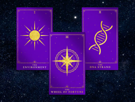 Three tarot cards floating on a starry background depicting a sun for "the environment," a compass for "the wheel of fortune," and a double helix for "the DNA strand"