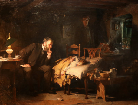 A painting in which a doctor sits at the bedside of a sleeping child