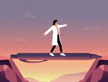 A doctor walks on a pen that bridges a gap