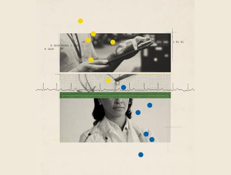 A conceptual collage of images related to artificial intelligence and medicine, including a doctor, a person holding a tablet, and an electrocardiogram.
