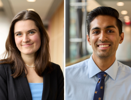 Split image of two young adults in business attire, a woman on the left in a blazer and a man on the right in a shirt and tie, both smiling in an indoor setting.