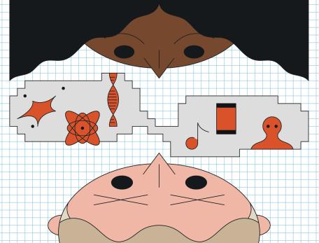 Illustration of two stylized faces with abstract speech or thought bubbles on graph paper background. One person’s bubble includes DNA and atoms; the other person’s shows a smartphone and a person and a musical note.
