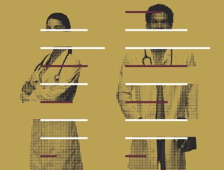 Pixelated image of a male and a female doctor on a beige background, with sections of their bodies erased and disrupted by lines. The tone is abstract and conveys digital distortion. 