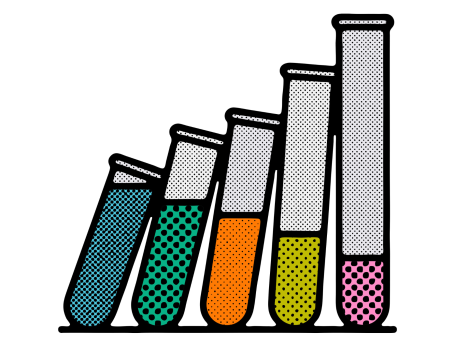 Illustration of five test tubes filled with colorful liquids: blue, green, orange, yellow, and pink. The tubes are starting to tumble like dominoes, and liquid in each tube decreases from left to right, resembling a bar graph. 