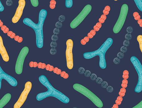 Colorful illustrated bacteria in blue, green, yellow, red, and gray, on a dark blue background. The design is playful and abstract.