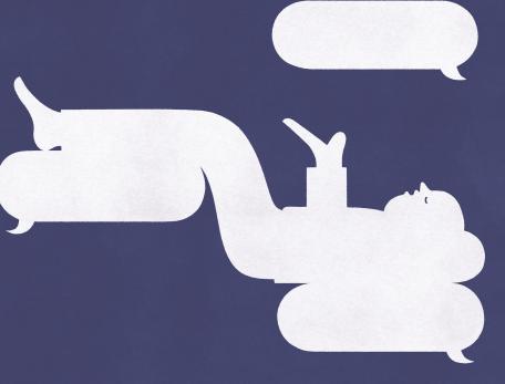 Illustrated silhouette of a person lying on white speech bubbles against a dark blue background.