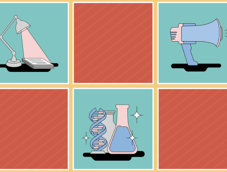 Illustrated grid with panels depicting different icons, such as a desk lamp shining on paper, a megaphone, and DNA with a beaker, each on a teal background, alternating with blank red panels.