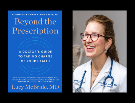 The cover of the book Beyond the Prescription, beside a headshot of Lucy McBride wearing a white coat